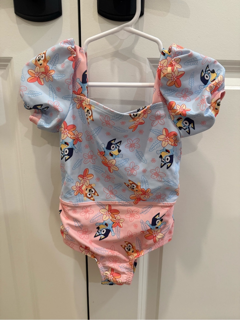 Girls Floral Bluey Puff Sleeve Swimsuit - Blue & Pink